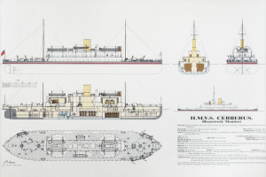 H.M.V.S. CERBERUS (Breastwork Monitor) facsimile colour lithograph plans, framed and glazed, ​43 x 63cm