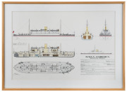 H.M.V.S. CERBERUS (Breastwork Monitor) facsimile colour lithograph plans, framed and glazed, ​43 x 63cm - 2