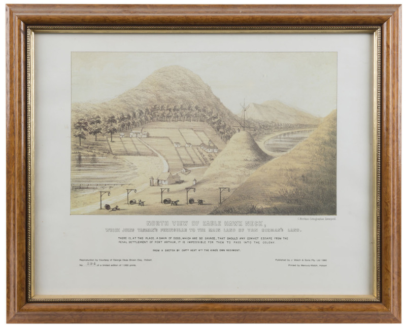Goldfield's engraving, Boer War engraving, and a facsimile print "North View Of Eagle Hawk Neck", all framed and glazed, (3 items), the largest 39 x 48cm overall
