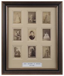 "Early Residents Of Adelaide 1870-1880", two attractively framed displays each with 9 mounted carte-de-visite portrait photographs, 54 x 44cm overall, (2 items)