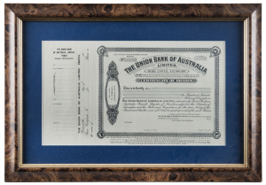 "The Union Bank Of Australia" share certificate together with two "National Bank Of Australasia" share certificates, all unissued and mint condition, framed and glazed, (3 items), the largest 42 x 60cm overall