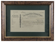 "The Union Bank Of Australia" share certificate together with two "National Bank Of Australasia" share certificates, all unissued and mint condition, framed and glazed, (3 items), the largest 42 x 60cm overall - 3