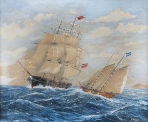 W. GEMMELL, tallship and pilot boat, watercolour and gouache on brown paper, ​37 x 45cm