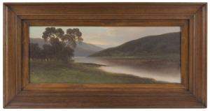 ARTIST UNKNOWN (Australian school), landscape river scene, oil on board, signed lower left (illegible), ​20 x 50cm