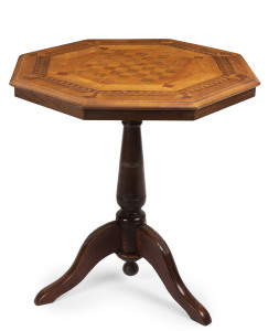 An Exhibition games top wine table, blackwood, musk, banksia, King Billy pine, cedar and pine, Tasmanian origin, circa 1890, tilt-top, 75cm high, 69cm wide, 69cm deep