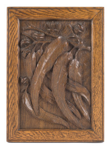 ROBERT PRENZEL (school of), carved timber panel with gumnuts and leaves, early 20th century, 34 x 25cm overall