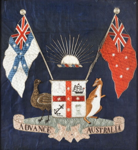 "Advance Australia" silk embroidery with coat of arms, 19th century, 75 x 66cm overall