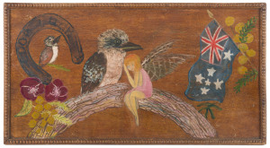 An Australiana painted folk art panel with kookaburra and fairy, circa 1920s, 27 x 48cm