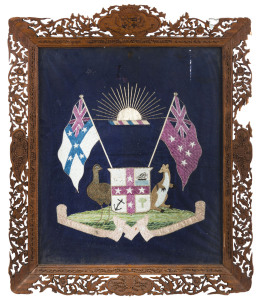 "Advance Australia", silk embroidered coat of arms in original frame with carved decoration and matching coat of arms top centre, ​19th century, 70 x 57cm overall