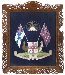 "Advance Australia", silk embroidered coat of arms in original frame with carved decoration and matching coat of arms top centre, 19th century, 70 x 57cm overall