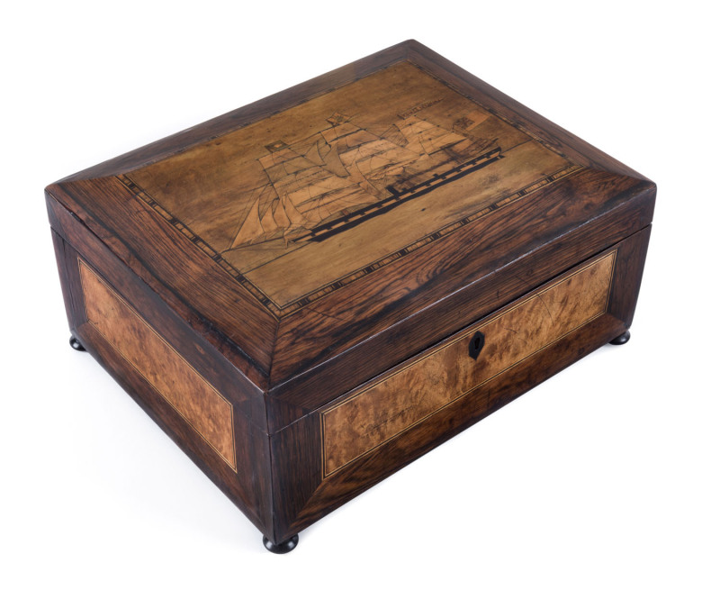 "THE SOMERSETSHIRE" marquetry workbox with ship portrait inlaid on the lid, interior fitted with tray and compartments, circa 1870, The Somersetshire was built by Money Wigram & Sons and launched in 1867 and played a significant role in the story of immig