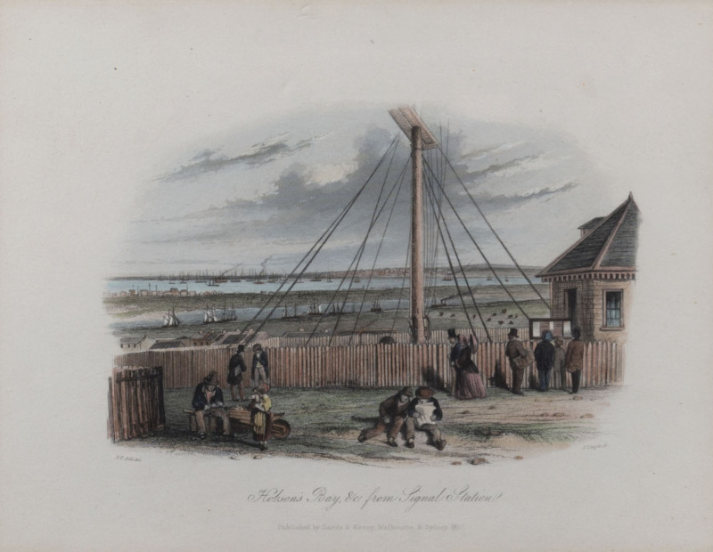 SAMUEL THOMAS GILL (1818-1880), I.) Approach To Melbourne From Abattoir, II.) Steam Packet Wharf, Mack's Hotel, &c Geelong, III.) Hobson's Bay, &c From Signal Station, hand-coloured engravings, 18 x 23cm