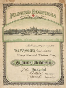 ALFRED HOSPITAL certificate "Alfred Hospital, Founded 1867, Melbourne, 30th January, 1929, The Managers Have Elected GEORGE FREDERICK WILCOX Esq. An Honorary Life Governor Of The Hospital", three colour lithograph with attractive elevated view of the hospital, 45 x 34cm