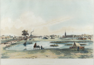 EDMUND THOMAS (1827-1867), I.) River Yarra Yarra From South Side Of Prince's Bridge, Melbourne, II.) Collins Street, Melbourne, III.) Williams Town Lighthouse, Hobson's Bay, IV.) Prince's Bridge (from south side Yarra), Melbourne, hand-coloured engravings