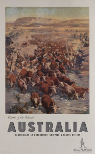 James NORTHFIELD (Australian, 1887 - 1973) "Cattle of the Inland, AUSTRALIA" c1930s colour lithograph, signed in the image lower right, 101 x 63cm. Linen backed. Text continues "Particulars at Government, Shipping & Travel Offices. Australian National Pu