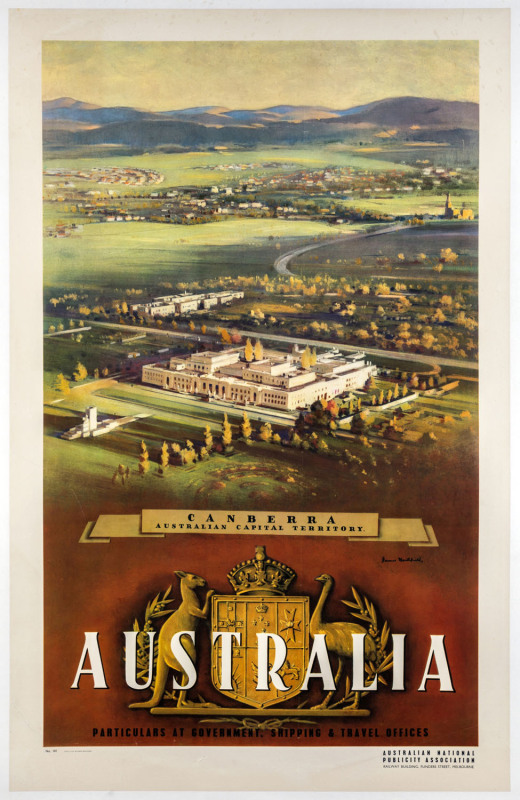 James NORTHFIELD, (Australian, 1888 - 1973), "CANBERRA, Australian Capital Territory, AUSTRALIA", 1932 colour lithograph, signed in the image lower right, linen-backed, poster 101 x 64cm. Text continues "Particulars at Government, Shipping & Travel Office