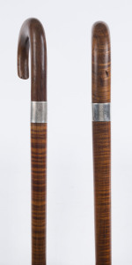 Two walking sticks, fiddleback blackwood with Australian silver collars, 19th century, 83cm and 84.5cm high