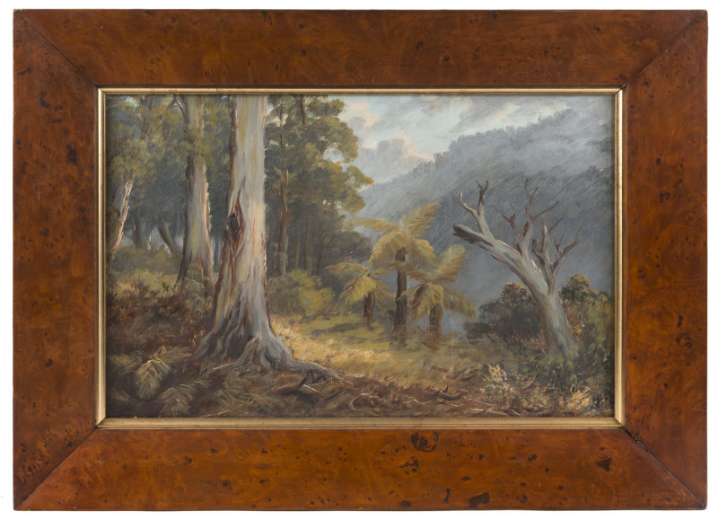 ARTIST UNKNOWN (Australian school), forest landscape, oil on board, huon pine frame, 29.5 x 45cm, frame 44 x 60cm PROVENANCE: The Rodney Pemberton Collection