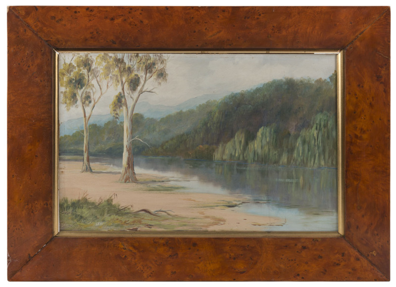 ARTIST UNKNOWN (Australian school), river landscape, oil on board, huon pine frame, 29.5 x 45cm, frame 44 x 60cm PROVENANCE: The Rodney Pemberton Collection