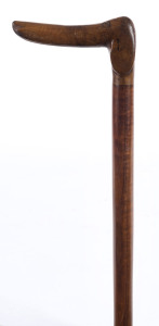 A walking stick, with hound head handle, musk and fiddleback blackwood, Tasmanian origin, 19th century, 81cm high