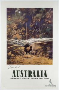 James NORTHFIELD, (Australian, 1887-1973), Lyre-Bird, AUSTRALIA, c1930s colour process lithograph, signed in image lower right, 100 x 64cm. Linen-backed. Text continues “Particulars at Government, Shipping & Travel Offices. Australian National Publicity 