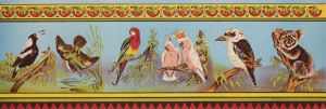 John E. HEAD (Australia), [Australian Fauna], c1945 colour lithograph, 34 x 101cm. Linen-backed. Text reads “Head’s Studio, Melbourne.” Shows a magpie, kingfisher, parrot, pink cockatoo, kookaburra and koala. An illustrated booklet entitled Birds of Austr