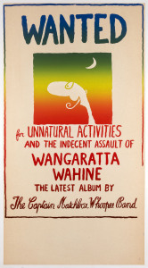 Michael LEUNIG (Australian, b.1945). The Captain Matchbox Whoopee Band 1974 colour screenprint, 106 x 56cm. Linen-backed. Text continues “Wanted for unnatural activities and the indecent assault of Wangaratta Wahine. The latest album by The Captain Matc