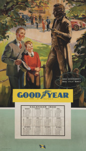 [A 1940 CALENDAR for GOODYEAR TYRES] George RAPP (American, 1898 - 1941) GOOD YEAR Made In Australia. Great Achievements Make Great Names 1940 colour lithograph, signed in image lower left, 90 x 52cm. Linen-backed. Text continues "Calendar 1940. Printed 