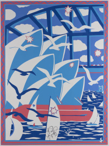 Martin SHARP, (Australian, 1942 - 2013), [Sydney Opera House], 1983 colour screenprint, initialled "S" in image lower right, signed and dated "5.4.92" in ink on image lower centre, 100 x 74cm. Linen-backed. The poster is a text-free version of the 1983 is