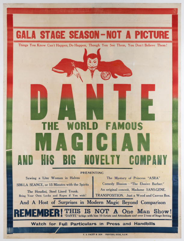 [WHEN DANTE THE MAGICIAN CAME TO SYDNEY] DANTE The World Famous Magician And His Big Novelty Company c1930 colour linocut with letterpress, 101 x 76cm. Linen-backed.