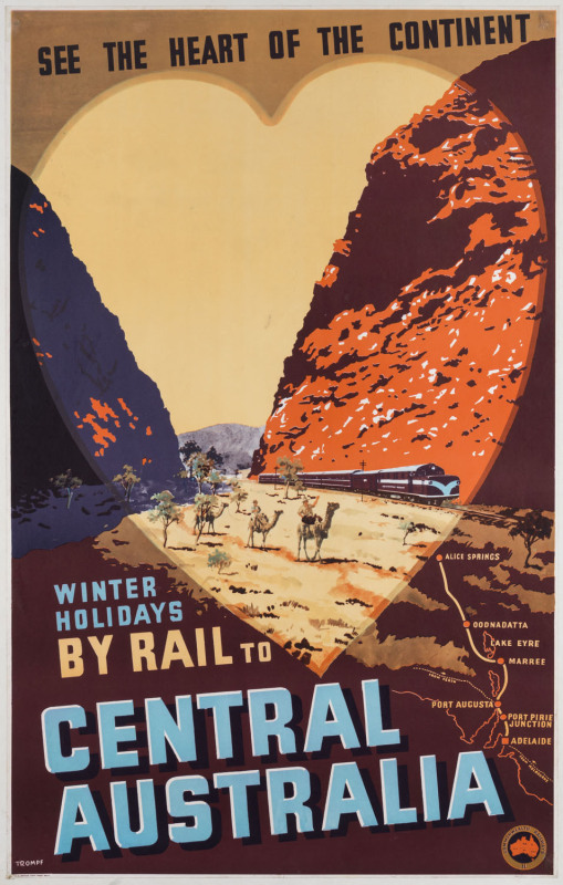 Percy TROMPF, (Australian 1902-1964), See The Heart Of The Continent. Winter Holidays By Rail To CENTRAL AUSTRALIA, c1950s colour process lithograph, signed "TROMPF" in image lower left, 101 x 64cm. Linen-backed. Text continues "Commonwealth Railways 11.