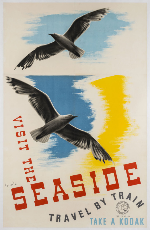 VICTORIAN RAILWAYS TRAVEL POSTER, Gert SELLHEIM, (Estonia, Australia, 1901-1970). VISIT THE SEASIDE. Travel By Train, c1930s colour process lithograph, signed in image lower left, 101 x 63cm. Linen-backed. Text continues “Victorian Railways Australia. Po