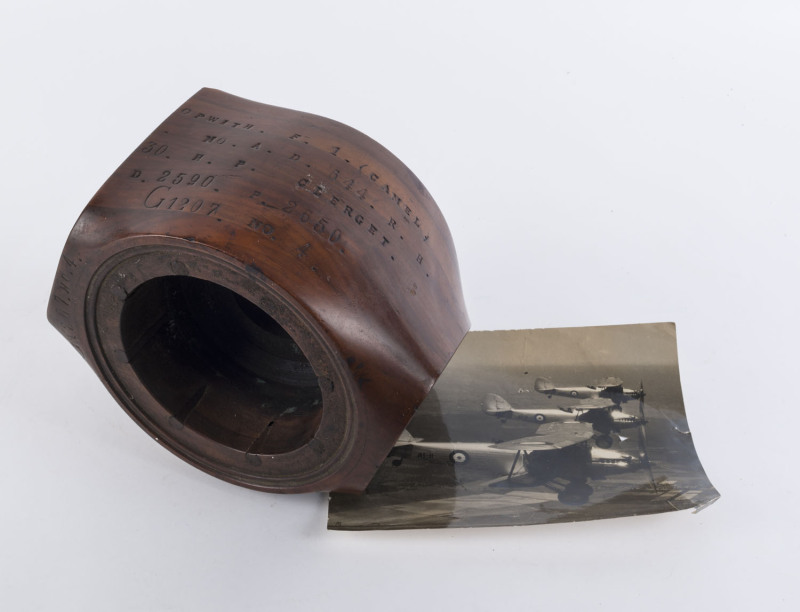 SOPWITH CAMEL propeller section circa 1920s, together with a photograph of three planes in flight, (2 items) 23cm across