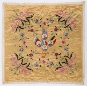 A WW1 period souvenir embroidered silk scarf "From George To Nellie", ​105 x 104cm