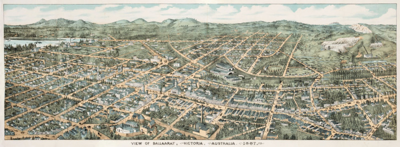 A PANORAMIC VIEW OF A PROSPEROUS CITY, VIEW OF BALLAARAT, VICTORIA, AUSTRALIA.1887, 1887 colour lithograph, Linen-backed. 32 x 87cm. From the 1887 edition of W.B. Wither's "History of Ballarat".