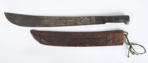 WW2 period jungle machete in leather scabbard, 57cm long