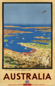 Albert COLLINS, (Australian, 1883–1951). The World’s Loveliest Harbour, Sydney, AUSTRALIA, 1930 colour lithograph, signed “Albert Collins, S&J Australia 1930” in image lower right, 100 x 63cm. Linen-backed. Text continues “Particulars at shipping and trav