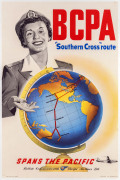 BCPA “Southern Cross” Route Spans The Pacific c1950 colour process lithograph, 75 x 49cm. Linen-backed. Text at base “British Commonwealth Pacific Airlines Ltd. Deaton & Spencer Pty Ltd., Lithographers. Printed in Australia.”