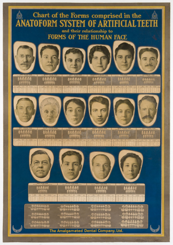 DENTURES FOR ALL! Chart of the Forms comprised in the ANATOFORM SYSTEM OF ARTIFICIAL TEETH and their relationship to Forms Of The Human Face 1920s colour process lithograph with letterpress, 81 x 55cm. Linen-backed. "The Amalgamated Dental Co., Ltd.