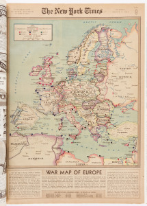 NEW YORK TIMES - WWII ERA: 1940 Jan.16-31, Feb.1-15, Feb.16-29 & Mar.1-15 broadsheets in four bound volumes. Extensive coverage of war in Europe including the HMS Cossack raid of the German "Altmark" prison vessel, freeing 326 British seamen (Feb.18); Moscow peace treaty ending war between Russia & Finland (Mar.13); domestic news includes World Premiere of Pinocchio (Feb.7) and S.S. Queen Elizabeth arriving in New York on her maiden voyage (Mar.7); Sunday issues with New York Times Book Review