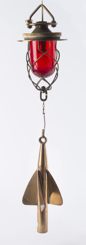 Nautical light, solid brass and ruby glass, converted to electric, early 20th century, ​82cm high