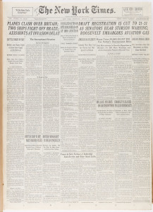 NEW YORK TIMES - WWII ERA: 1940 Apr.1-15, Jul.1-15, Aug.1-15 & 16-31 broadsheets in four hardbound volumes. Strong coverage of the war in Europe including the German invasion of Denmark and Norway (Apr.9), commencement of Battle of Britain (Jul.11); Japan announcing the Greater East Asia Co-Prosperity Sphere (Aug.2), "Eagle Day" launch of all-out Luftwaffe attack of Southern England (Aug.13); other domestic and international stories covered include the assassination of Leon Trotsky (Aug.22);