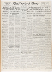 NEW YORK TIMES - WWII ERA: 1940 Apr.1-15, Jul.1-15, Aug.1-15 & 16-31 broadsheets in four hardbound volumes. Strong coverage of the war in Europe including the German invasion of Denmark and Norway (Apr.9), commencement of Battle of Britain (Jul.11); Japan