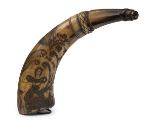 A rare Colonial powder horn engraved "ADVANCE VAN DIEMEN'S LAND", decorated with a lady in Regency costume, trees and birds, circa 1825, 24cm high