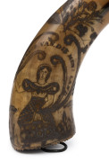 A rare Colonial powder horn engraved "ADVANCE VAN DIEMEN'S LAND", decorated with a lady in Regency costume, trees and birds, circa 1825, 24cm high - 2