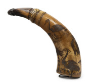 A rare Colonial powder horn engraved "ADVANCE VAN DIEMEN'S LAND", decorated with a lady in Regency costume, trees and birds, circa 1825, 24cm high - 3