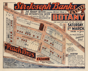Sir Joseph Banks Estate, BOTANY 1930 colour lithograph, 51 x 64cm. Linen-backed. “36 shop sites fronting Botany Road and 10 residential sites... For auction sale on the ground on Sat. 1st March, 1930 at 3pm. Gas, water & electric lt Torrens title. So