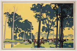 Frank NEWBOULD (British, 1887-1951). DAIRYING IN AUSTRALIA c1927. Colour lithograph, signed in image lower right, 50 x 76cm. Linen-backed. Text continues “R.B.M.I. Issued by the Empire Marketing Board. Printed for H.M. Stationery Office by Waterlow & S
