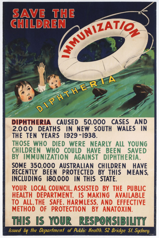 [A TIMELY REMINDER] SAVE THE CHILDREN. DIPTHERIA IMMUNIZATION c1940 colour lithograph, 75 x 49cm. Linen-backed. Text includes “Diphtheria caused 50,000 cases and 2,000 deaths in New South Wales in the ten years 1929-1938. Those who died were nearly all