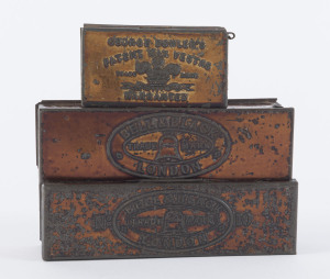 Three wax vesta and taper tins by Bell & Black and George Dowler's, 19th century, the largest 13cm wide